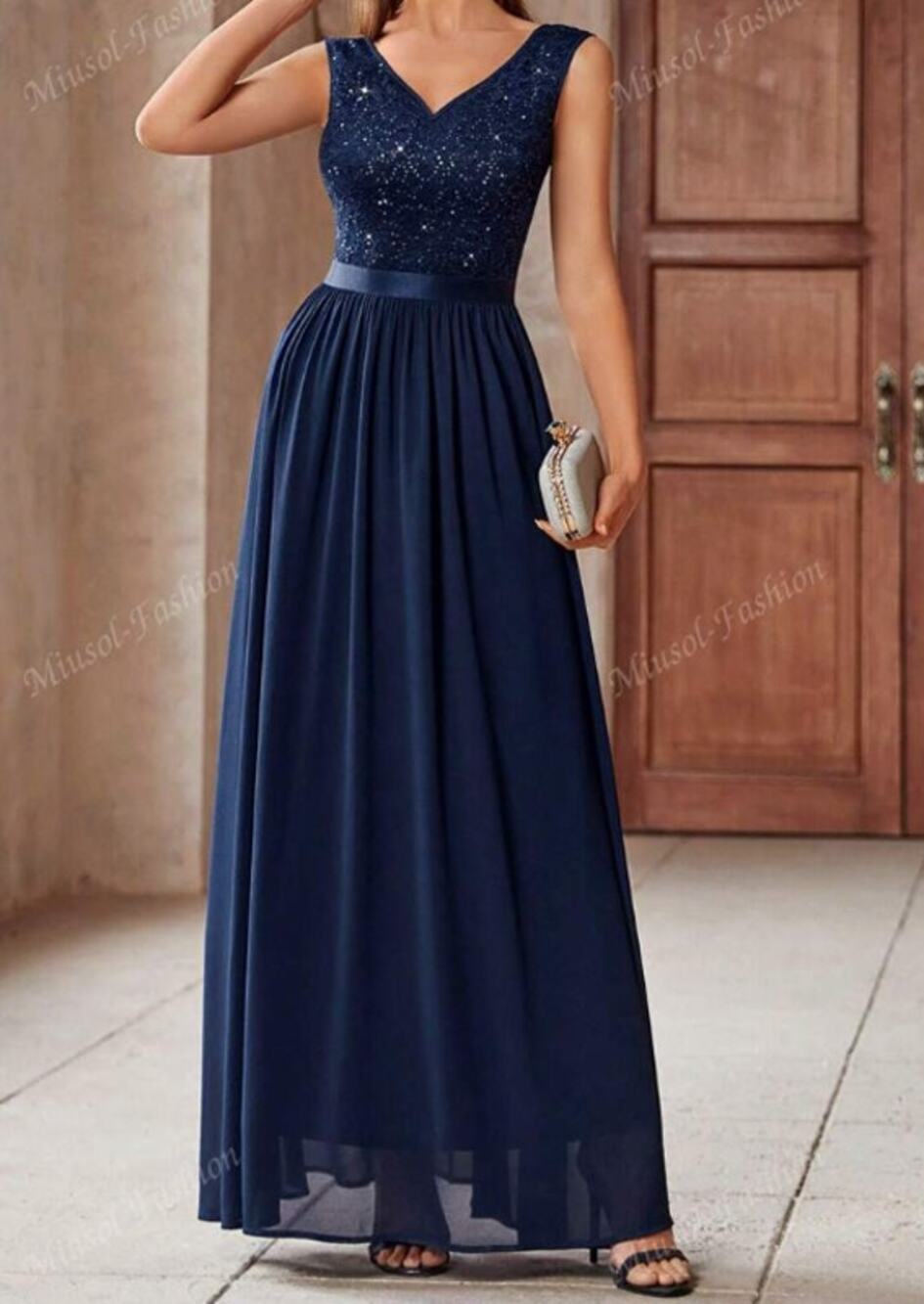MIUSOL Elegant ace Sequin V-Neck Floral Chiffon Maxi Dress Medium Navy Blue NEW